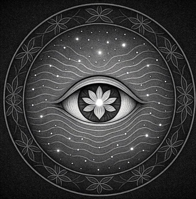 Mandala-Stich: ein Auge mit einer Lotusblüte, umgeben von Sternen